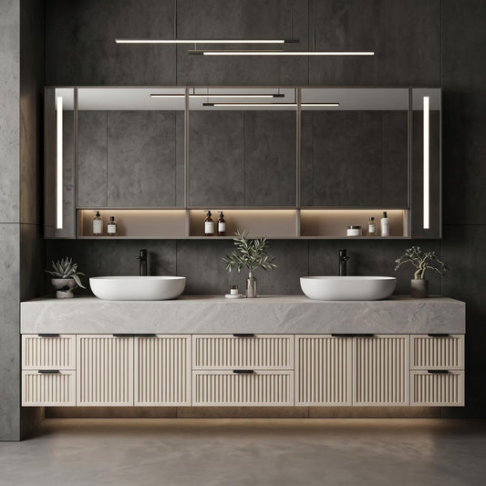 60''-96'' Double Bathroom Vanity with Sink Modern Floating Cream Slatted Doors Dual Basins