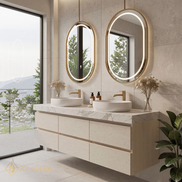 60''-96'' Modern Bathroom Vanity with Sink Floating White Marble Anti-Fog Light Drawers
