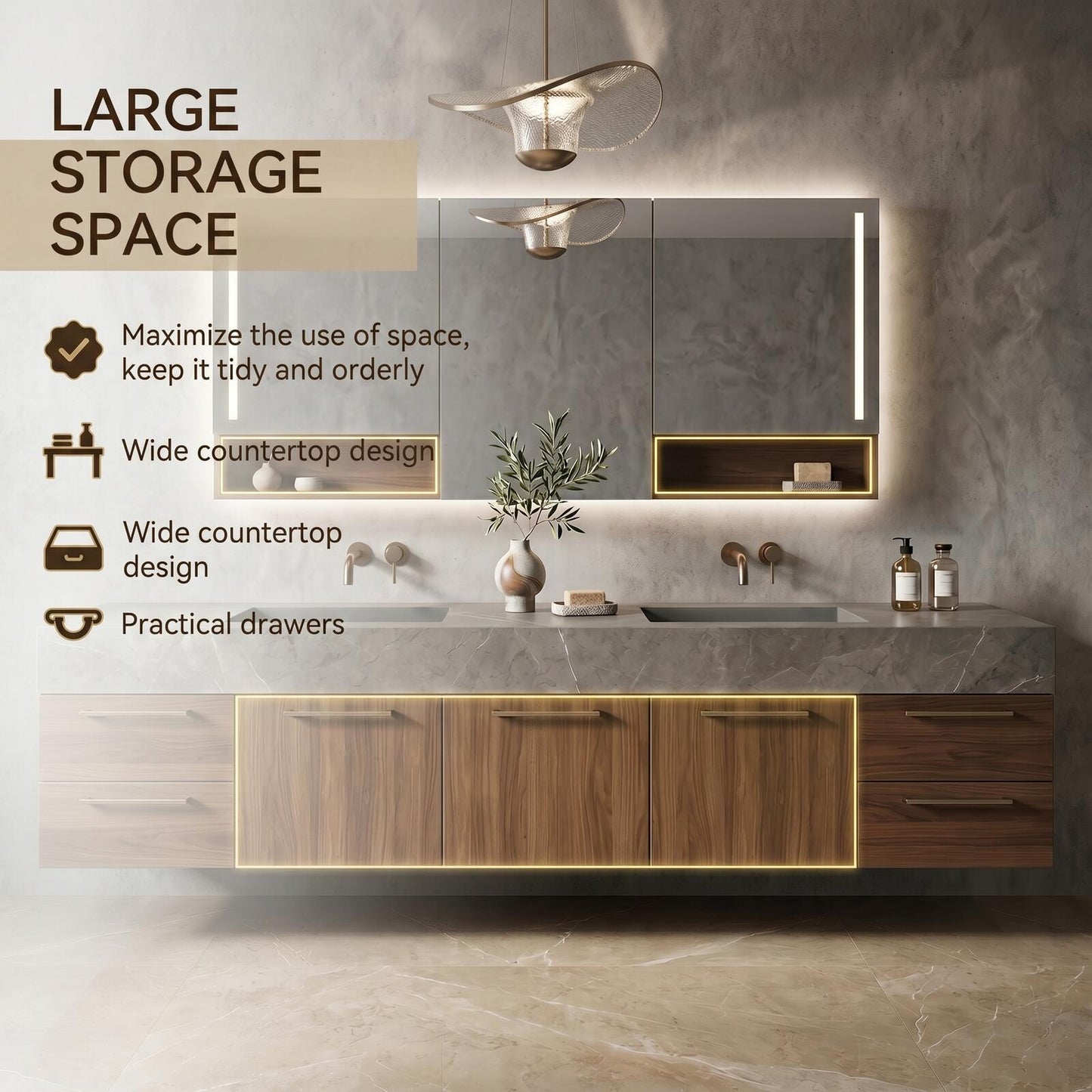 60''-96'' Modern Bathroom Vanity with Sink Floating Double Dark Walnut Finish Cabinet