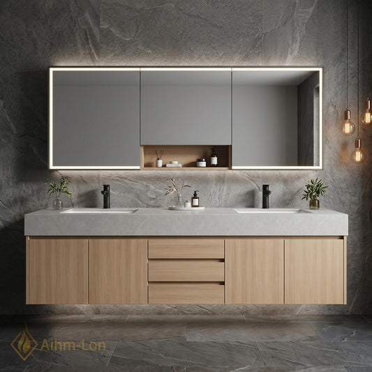60''-96'' Bathroom Vanity with Sink Modern Floating Natural Oak Grain Countertop