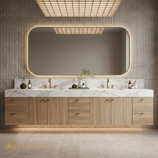78''-96'' Double Bathroom Vanity with Sink White Marble Top Natural Wood Grain