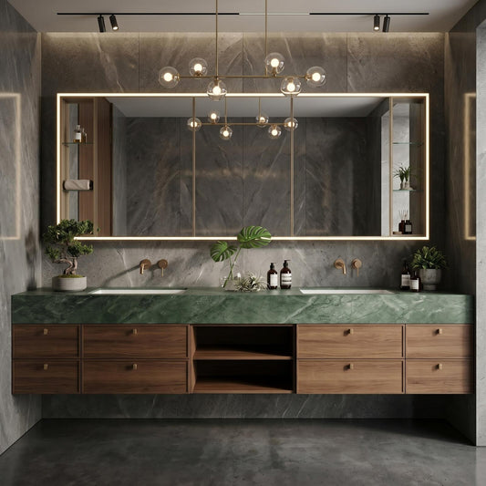60''-96'' Double Bathroom Vanity with Sink Modern Floating Green Marble Wide Drawers