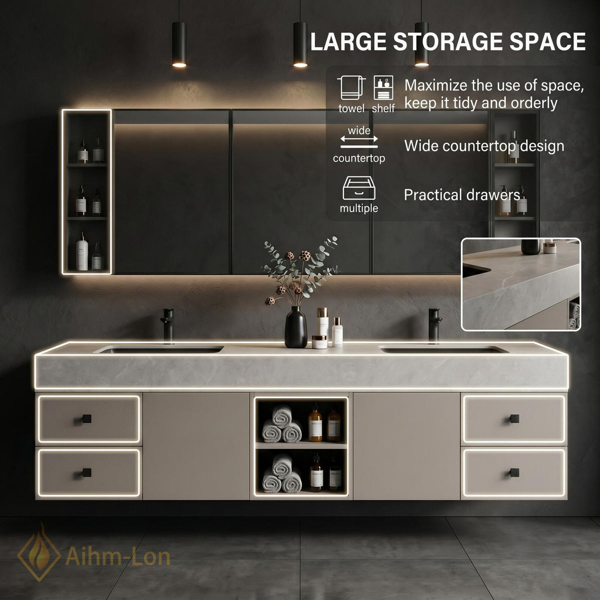60''-96'' Double Bathroom Vanity with Sink Textured Stone Top Matte Grey Doors