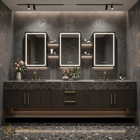 78''-96'' Double Bathroom Vanity with Sink Vertical Slat Wood Panels Dark Marble