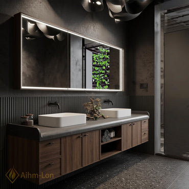 60''-96'' Double Bathroom Vanity with Sink Modern Floating Dark Wood Grain Open Shelving