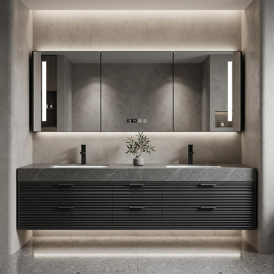 60''-96'' Double Bathroom Vanity with Sink Modern Floating Charcoal Stone Slatted Drawer