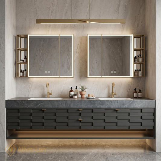 60''-96'' Double Bathroom Vanity with Sink Modern Floating Charcoal Finish Slatted Drawers