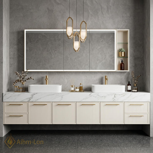 60''-96'' Double Bathroom Vanity with Sink Modern Floating Marble Look Paneled Doors