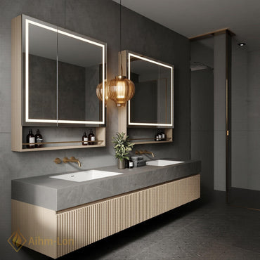 60''-96'' Double Bathroom Vanity with Sink Ribbed Panel Warm Wood Finish Open Shelving