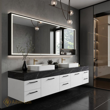 72''-96'' Double Bathroom Vanity with Sink White Dark Modern Floating Stone-Top
