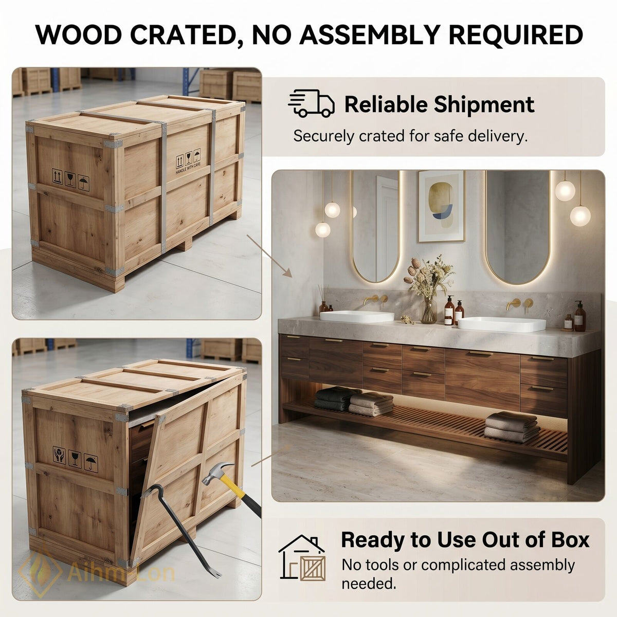 78''-96'' Double Bathroom Vanity with Sink Grey Stone Look Countertop Wood Drawers