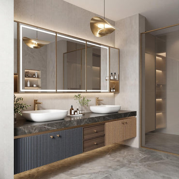60''-96'' Double Bathroom Vanity with Sink Modern Dark Stone Finish Ribbed Panels