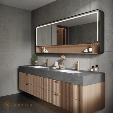 60''-96'' Double Bathroom Vanity with Sink Fluted Panel Doors Dark Stone Storage