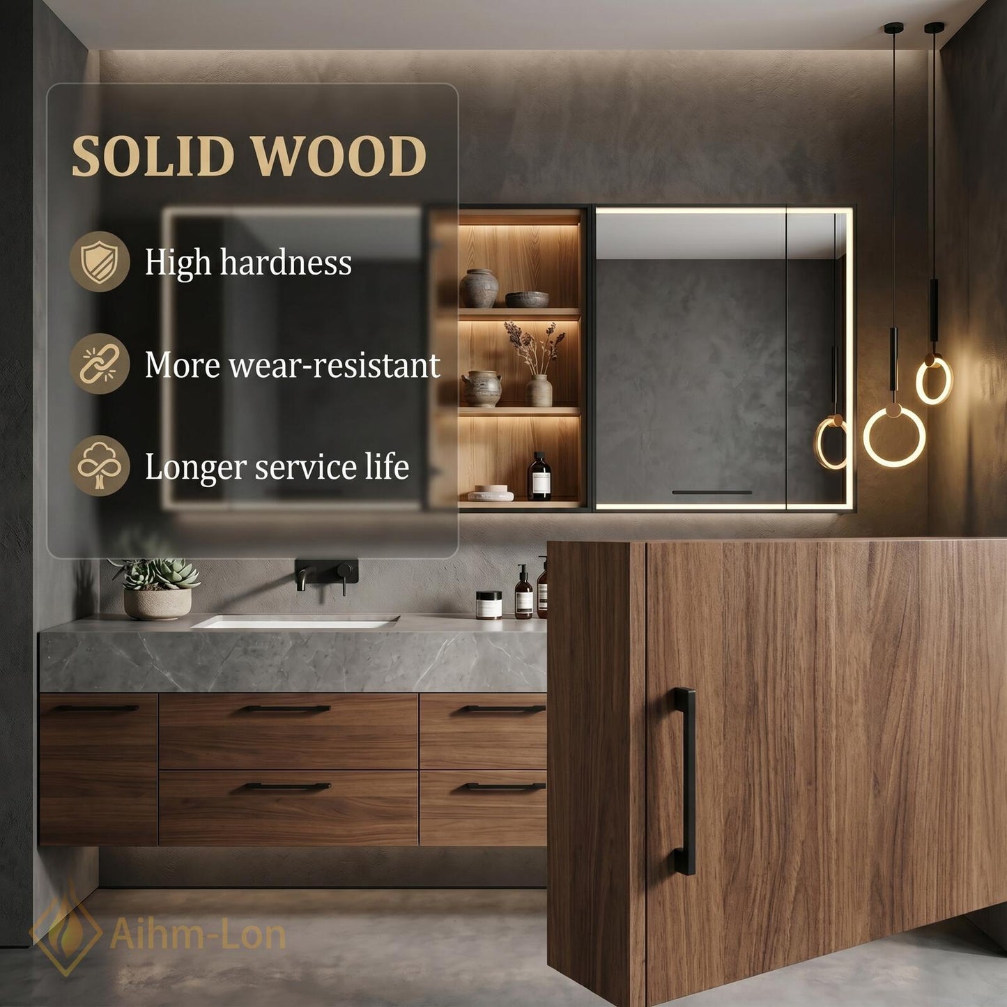 70''-96'' Double Bathroom Vanity with Sink Spacious Dark Wood Grain Marble-Style Top
