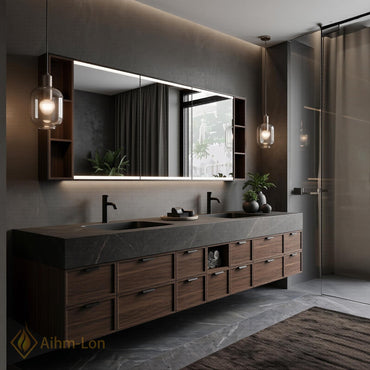 60''-96'' Double Bathroom Vanity with Sink Wall-Mounted Wood Grain Texture Deep Drawer