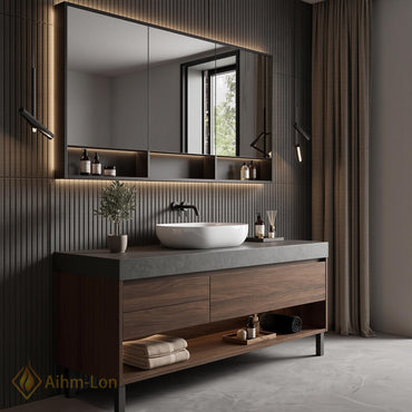 36''-110'' Double Bathroom Vanity with Sink Floating Walnut Drawers Open Shelf
