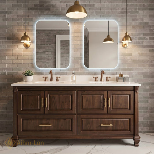 70''-96'' Modern Bathroom Vanity with Sink Dark Wood Rectangular Base Gold Drawers