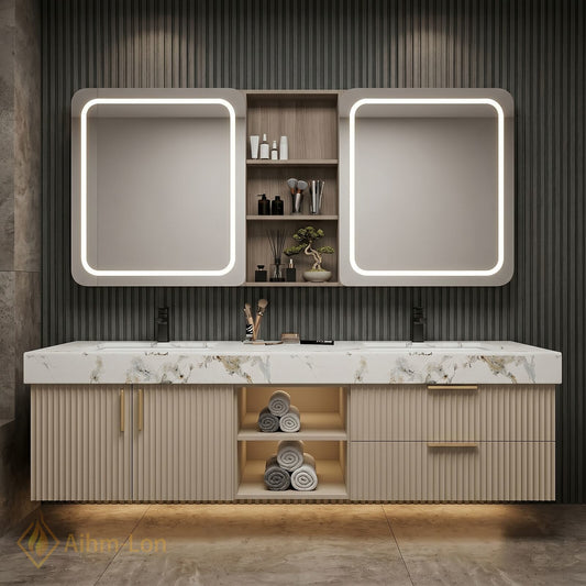 60''-96'' Double Bathroom Vanity with Sink Fluted Panel Marble Patterned Surface Dual