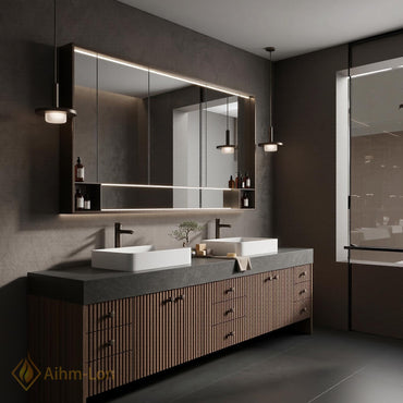 76''-96'' Modern Floating Bathroom Vanity with Sink Double Dark Walnut Slatted Panel