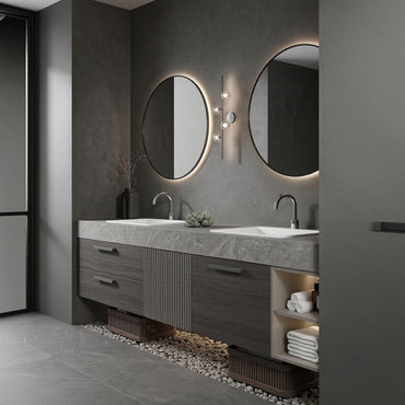 60''-96'' Double Bathroom Vanity with Sink Stone Grain Top Fluted Groove Door Shelving