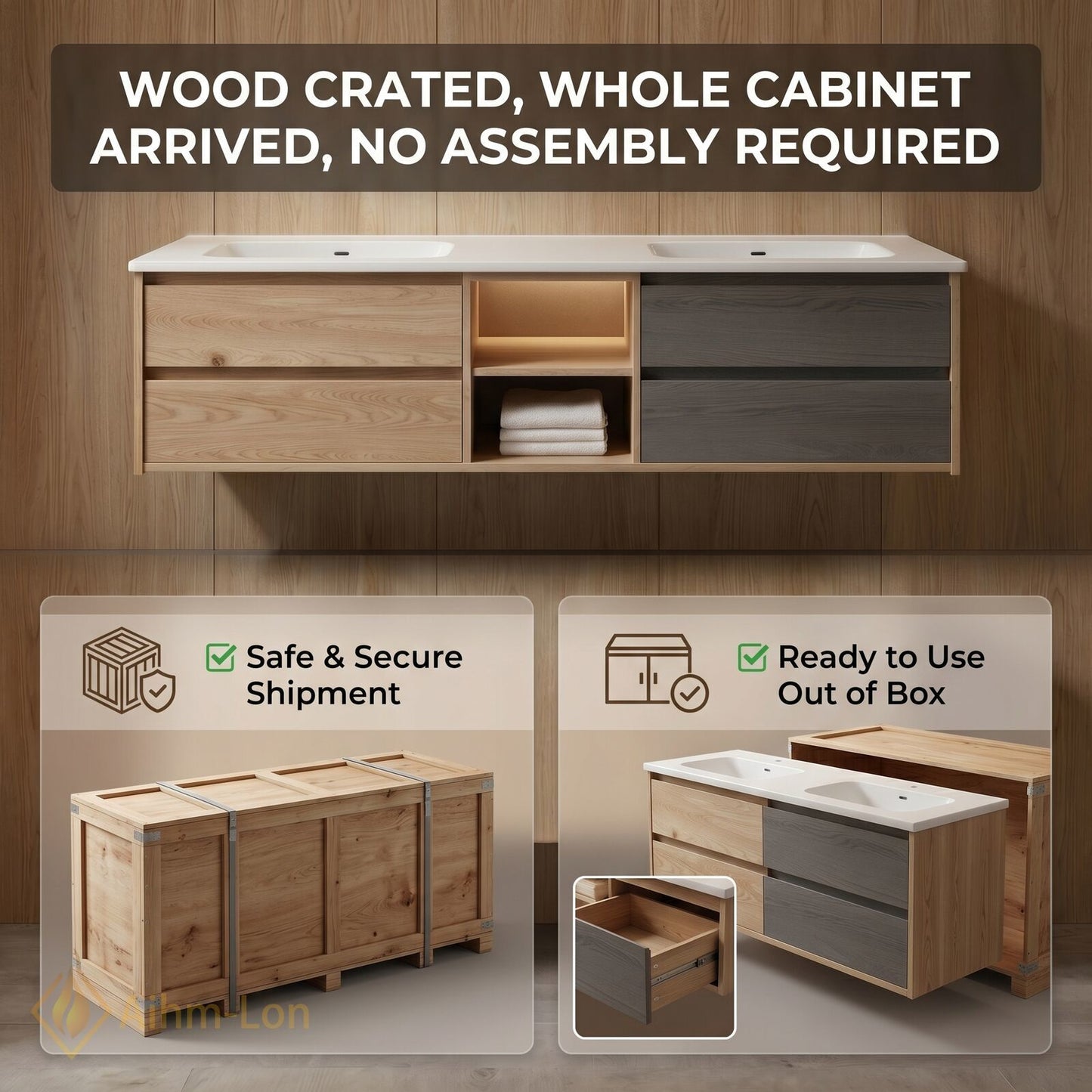 60''-96'' Floating Bathroom Vanity with Sink Wooden Drawer Dual-Tone Cabinet Mirror Storage