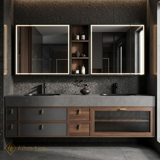 60''-96'' Double Bathroom Vanity with Sink Modern Floating Slatted Glass Doors Shelving