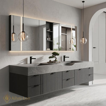 60''-96'' Double Bathroom Vanity with Sink Modern Floating Stone Top Ribbed Front