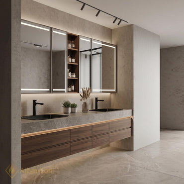 60''-96'' Double Bathroom Vanity with Sink Sleek Floating Grey Stone Top Dark