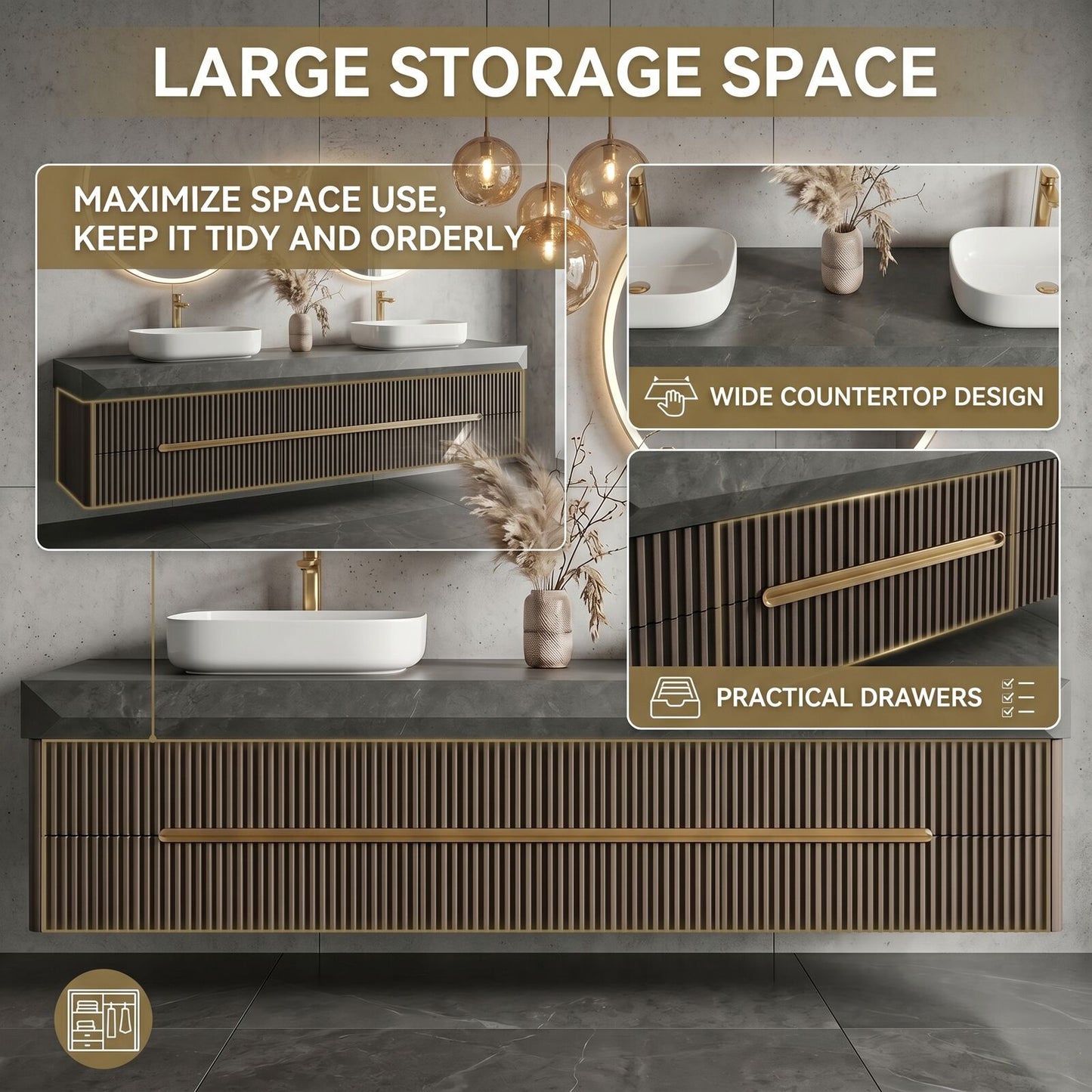 60''-96'' Double Bathroom Vanity with Sink Dark Concrete Slatted Wood Drawers Cabinet