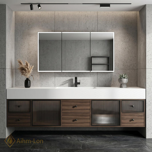 60''-96'' Bathroom Vanity with Sink Floating Slatted Glass Doors White Solid Top