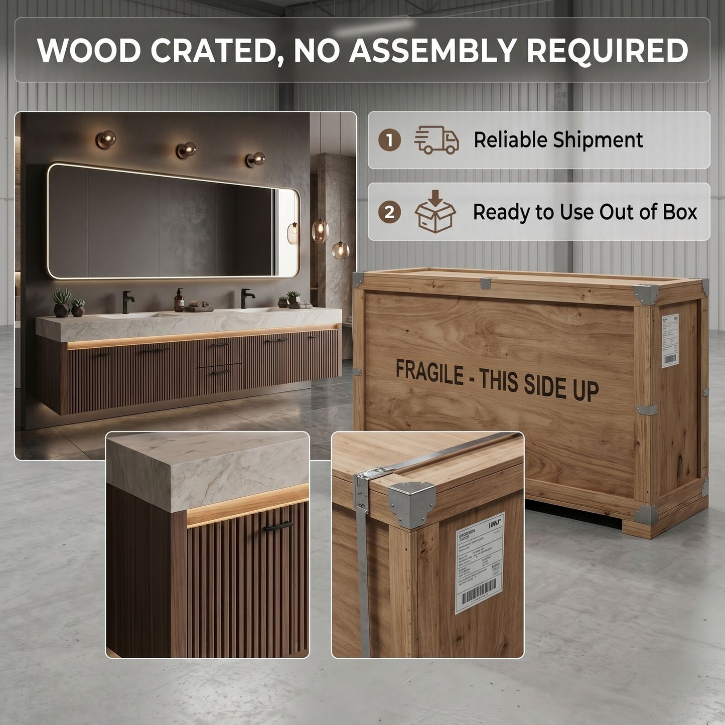 70''-96'' Modern Bathroom Vanity with Sink Double Sink Floating Wood Grain Storage Drawers