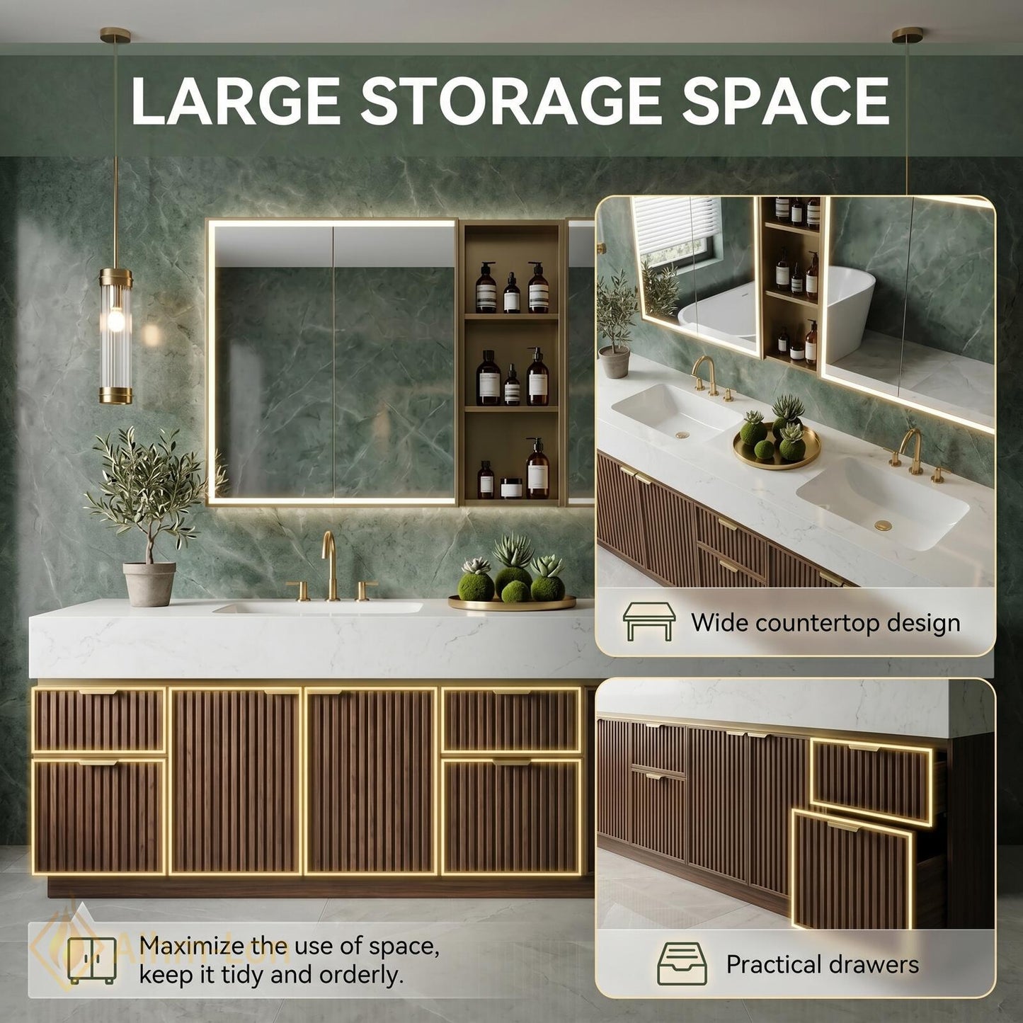 76''-96'' Modern Double Bathroom Vanity with Sink White Marble Slatted Walnut Front