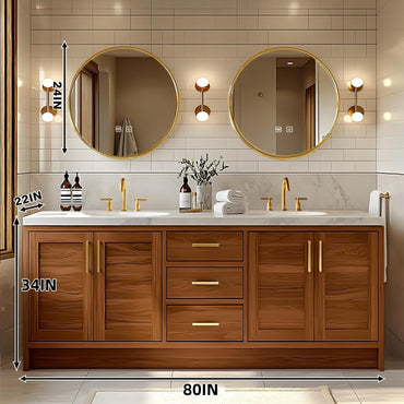 80"Retro Bathroom Vanity with Double Sinks Includes Round Mirror