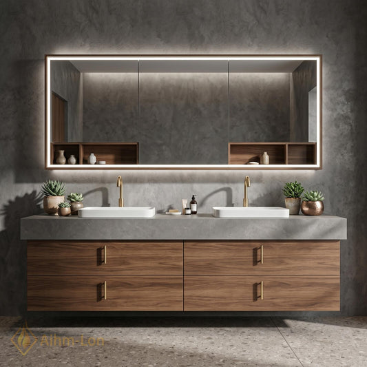 60''-96'' Modern Bathroom Vanity with Sink Warm Wood Grain Spacious Open Drawers