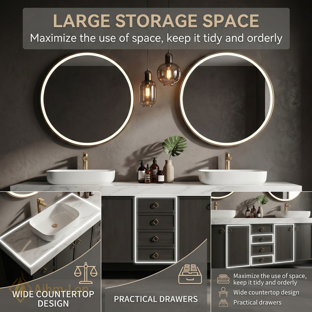 80''-96'' Double Bathroom Vanity with Sink Dark Finish Spacious Drawers Organized Storage