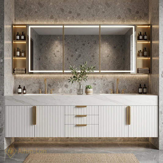 60''-96'' Double Bathroom Vanity with Sink Fluted Panel Marble-Like Surface Storage Cabinet