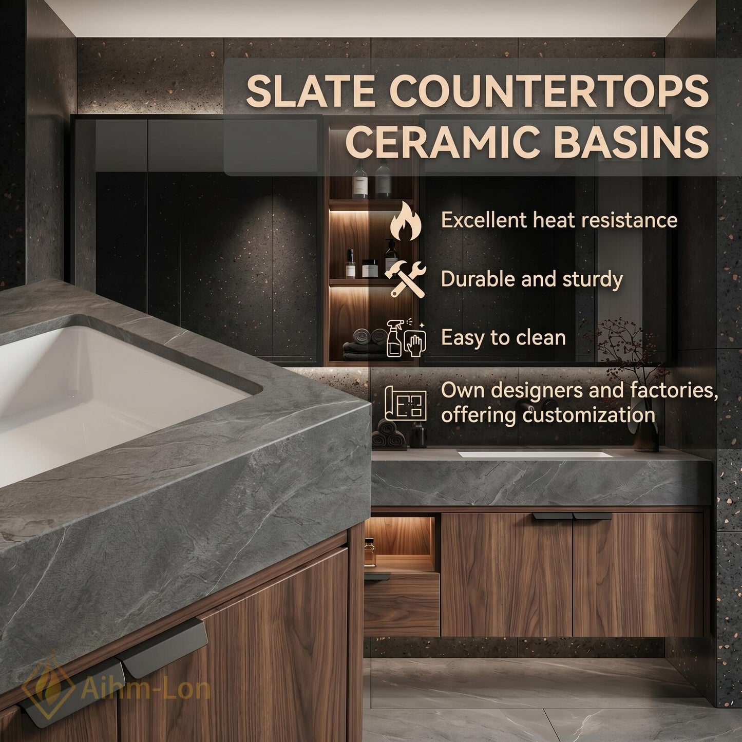 60''-96'' Sleek Bathroom Vanity with Sink Wall-Mounted Dark Wood Grain Open Mirror