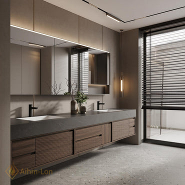 60''-96'' Double Bathroom Vanity with Sink Slatted Drawers Walnut Finish Warm Walnut