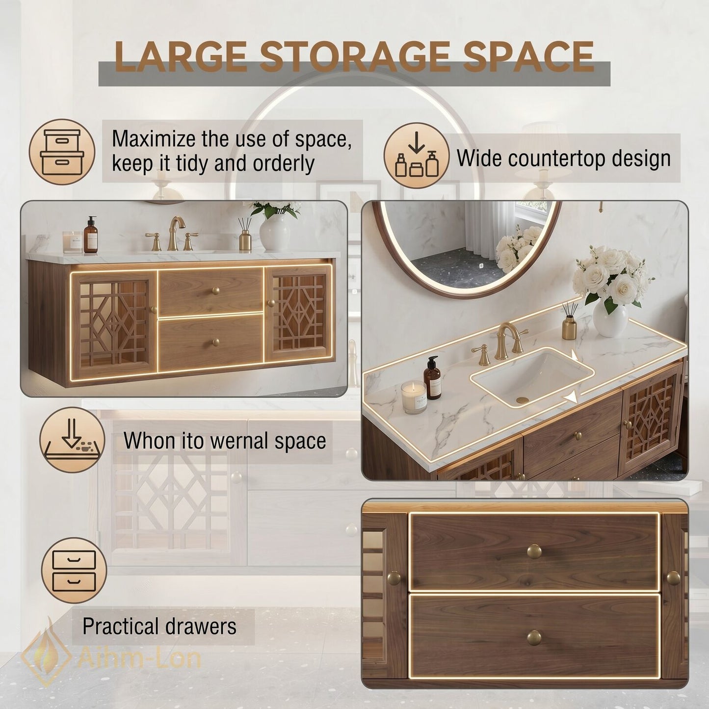 48''-64'' Modern Bathroom Vanity with Sink Floating Lattice Glass Wood Grain Drawers