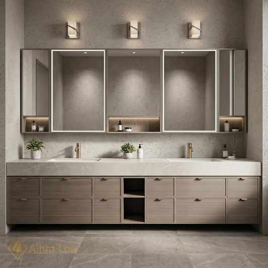 78''-96'' Double Bathroom Vanity with Sink Floating Stone Top Slatted Doors Center