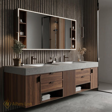 70''-96'' Bathroom Vanity with Sink Sleek Floating Slatted Center Rich Walnut Finish