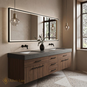 60''-96'' Double Bathroom Vanity with Sink Floating Dark Grey Marble Wood Panels