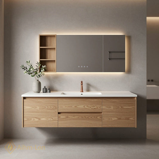36''-64'' Floating Bathroom Vanity with Sink Sleek Natural Oak Grain Mirror Cabinet