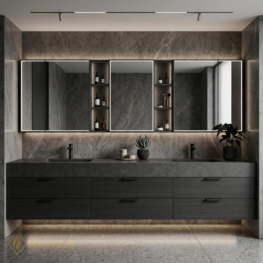 60''-96'' Modern Double Bathroom Vanity with Sink Floating Dark Stone-Grain Deep Drawer
