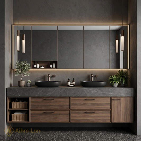 60''-96'' Double Bathroom Vanity with Sink Dark Walnut Finish Open Drawer Storage