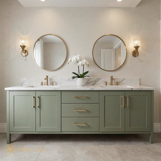 70''-96'' Modern Bathroom Vanity with Sink Wood Grain Shaker Marble Gold Drawers