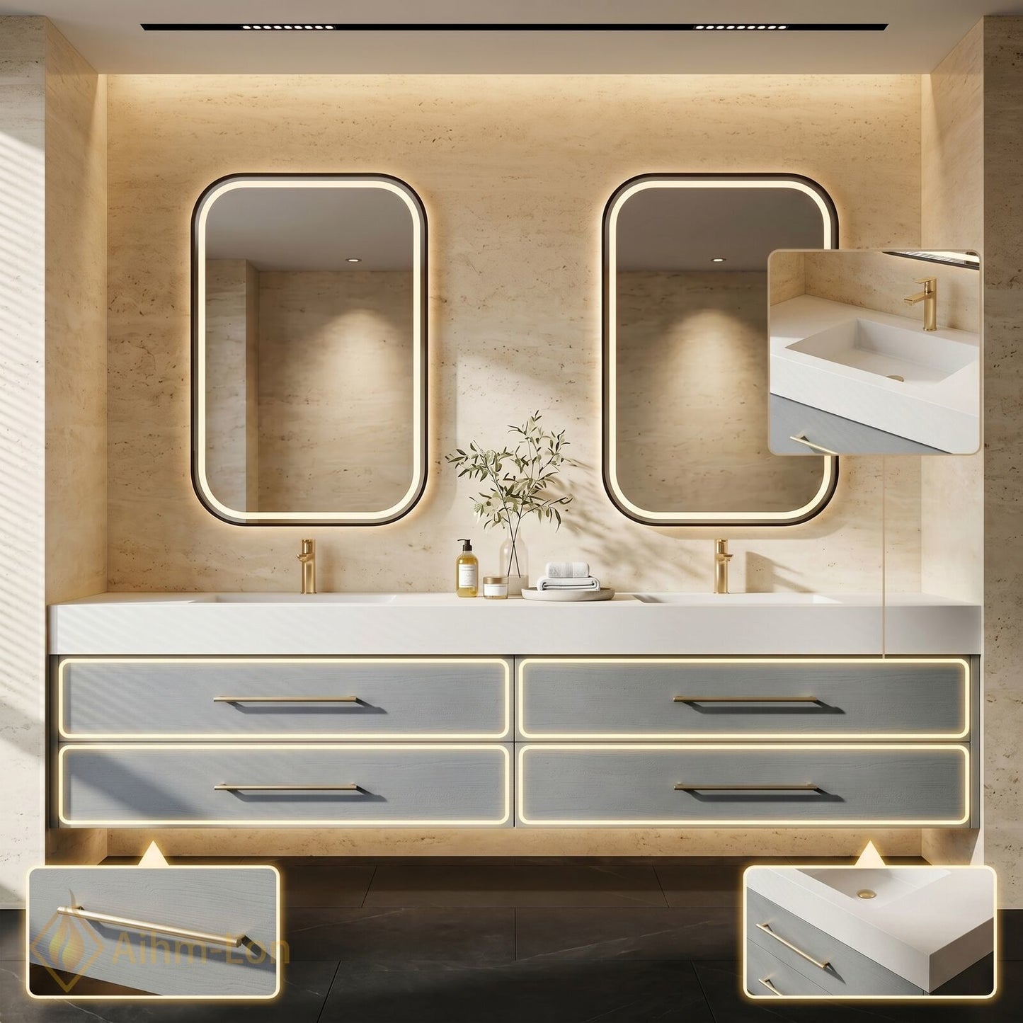 60''-96'' Double Bathroom Vanity with Sink White Floating Modern Gray Drawers Solid