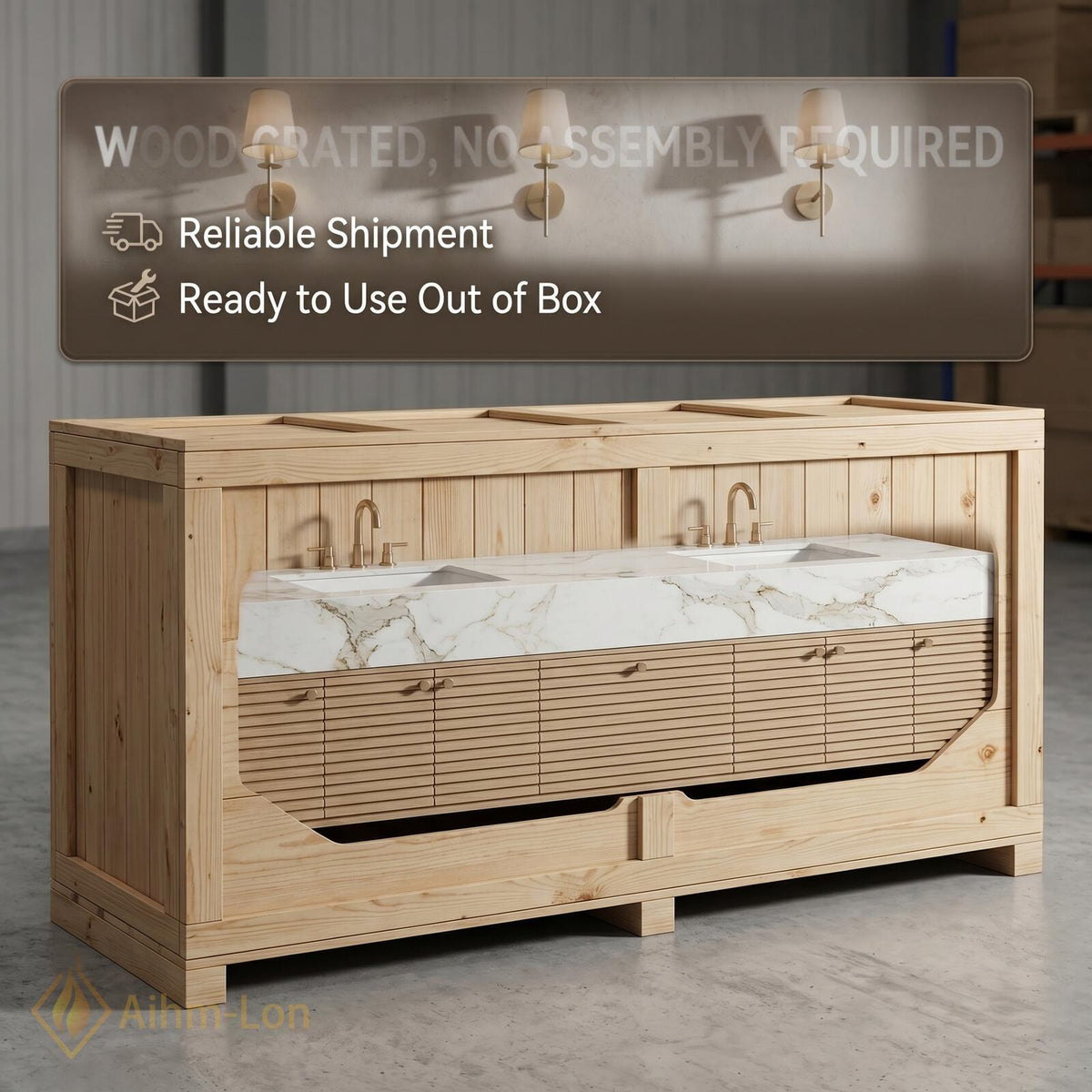 60''-96'' Double Bathroom Vanity with Sink Modern Floating Light Wood Veneer Slatted