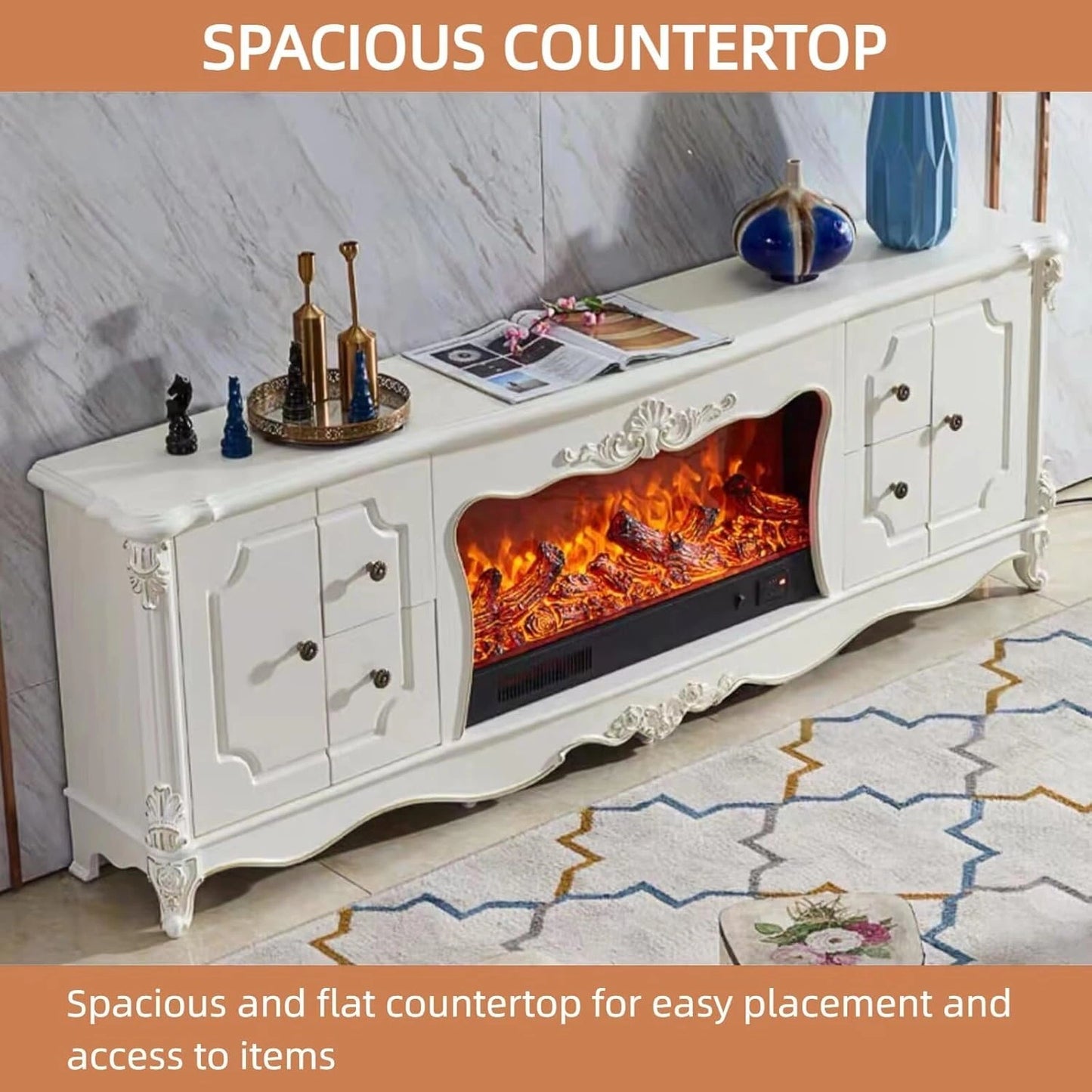 Aihm-Lon Electric Fireplace with Mantel and White Storage Cabinet 79”