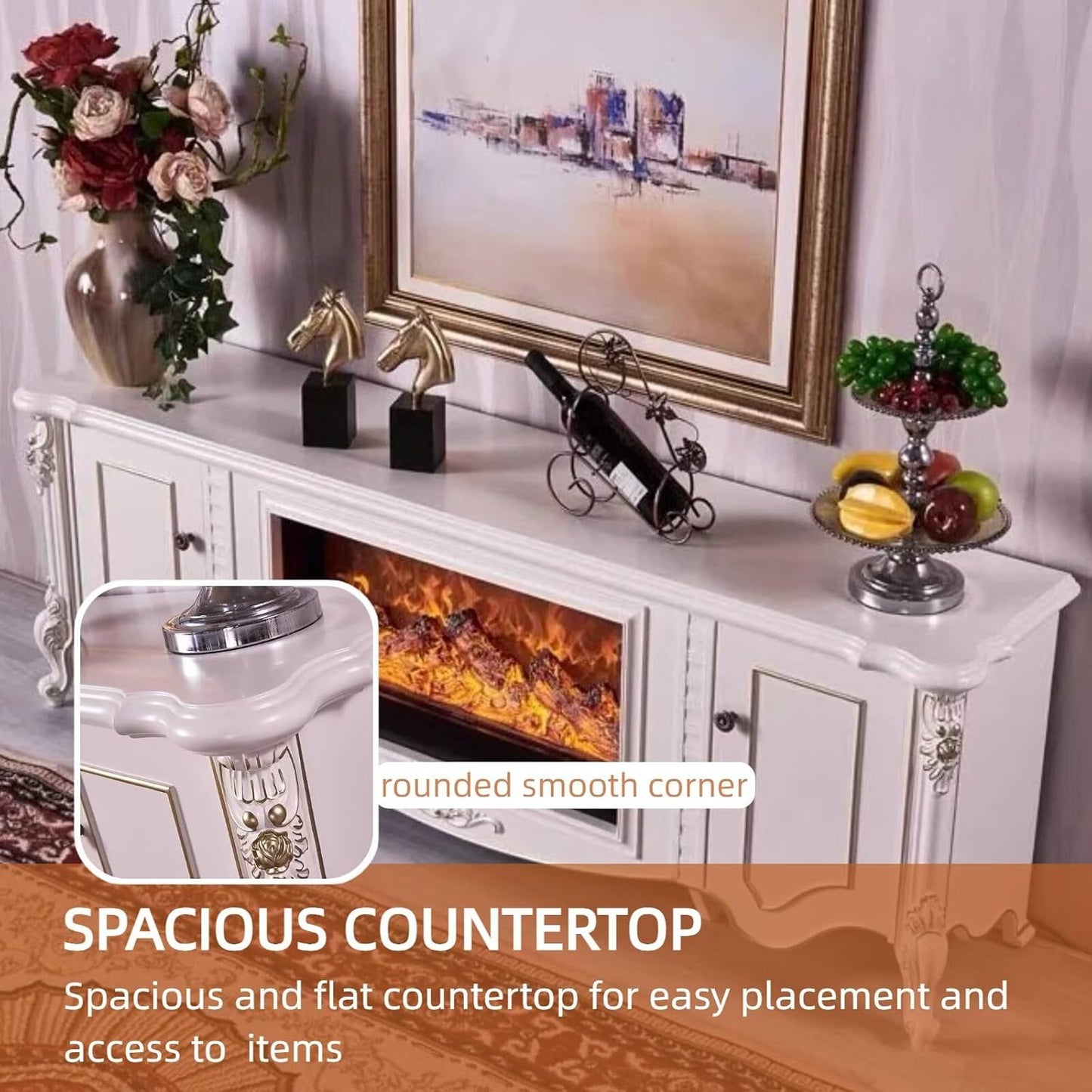 Aihm-Lon White Electric Fireplace Includes Gold-Traced 71”